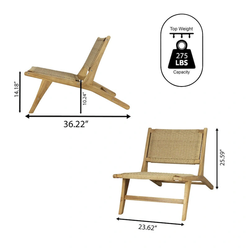 Poltrona lounge senza braccioli Hartley Mid-Century Modern in legno con erba marina intrecciata, naturale di JONATHAN Y