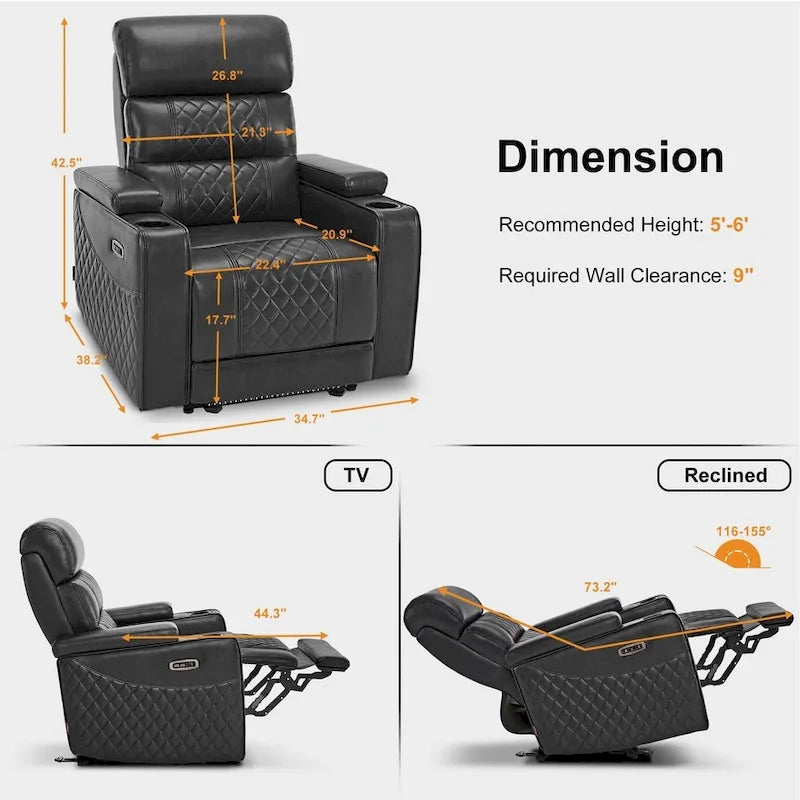 Poltrona reclinabile elettrica MCombo, divano reclinabile elettrico con poggiatesta regolabile e porta USB e Type-C, similpelle HTS432