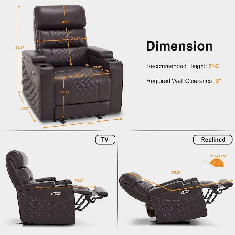 Poltrona reclinabile elettrica MCombo, divano reclinabile elettrico con poggiatesta regolabile e porta USB e Type-C, similpelle HTS432