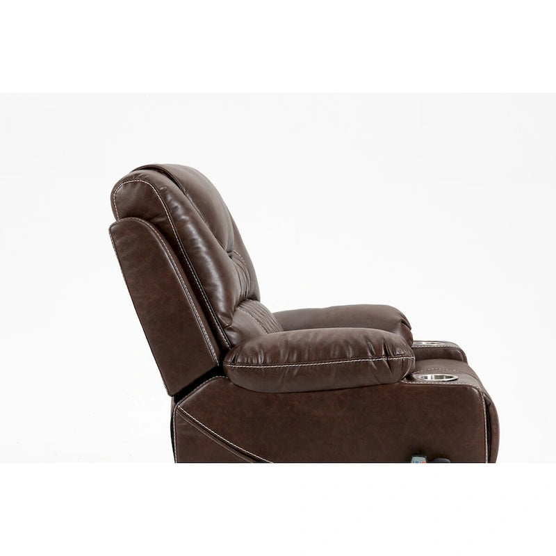 Poltrona reclinabile elettrica in pelle marrone, massaggio multifunzione, riscaldamento, portabicchieri