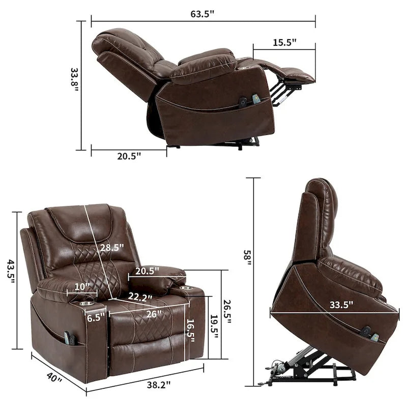 Poltrona reclinabile elettrica in pelle marrone, massaggio multifunzione, riscaldamento, portabicchieri