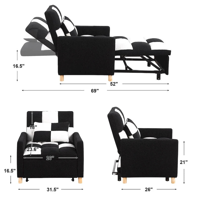 Poltrona Letto Convertibile 3 in 1, Divano Singolo (Bianco Nero)