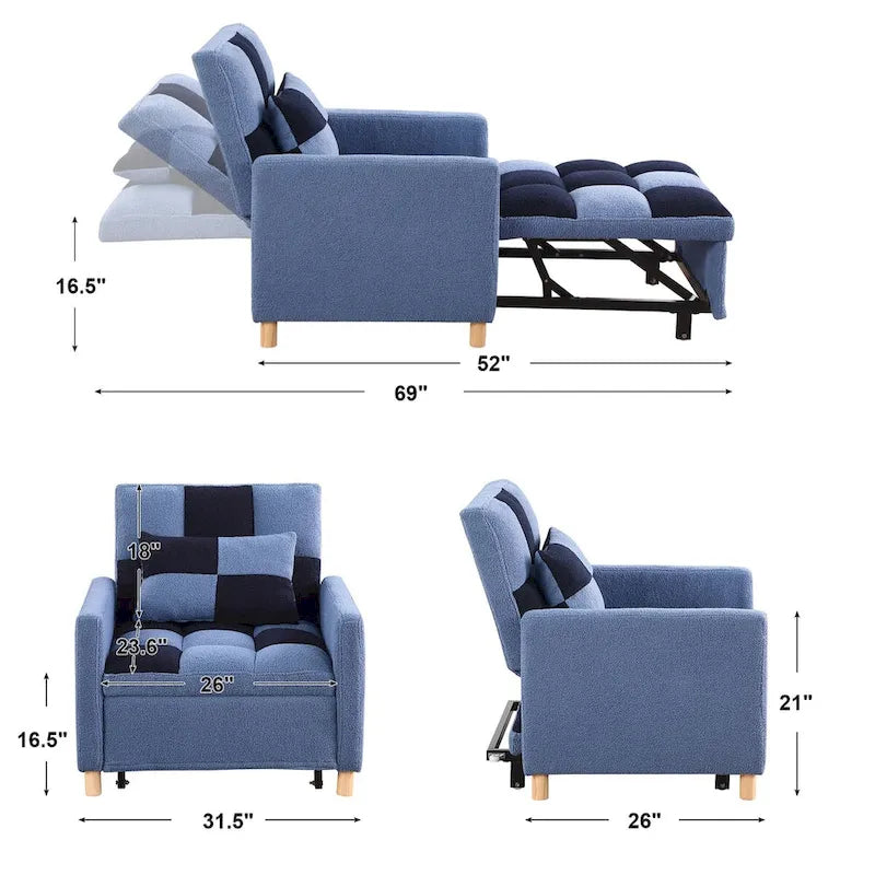 Poltrona Letto Convertibile 3 in 1, Divano Singolo (Bianco Nero)