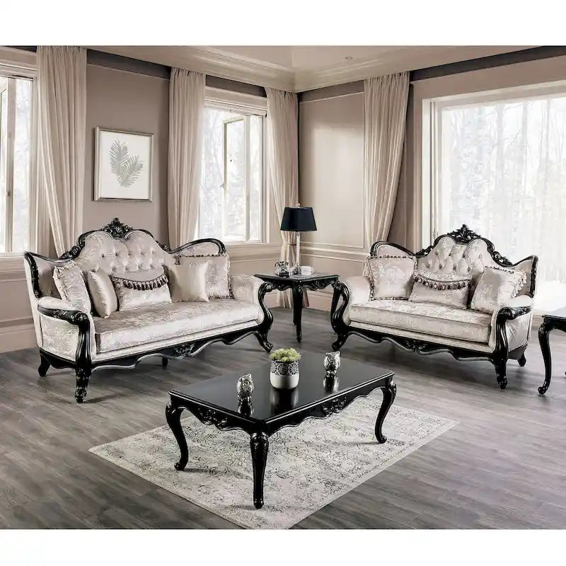 Set divani tradizionale Clarissa di Furniture of America con schienale trapuntato a bottoni e cuscini decorativi