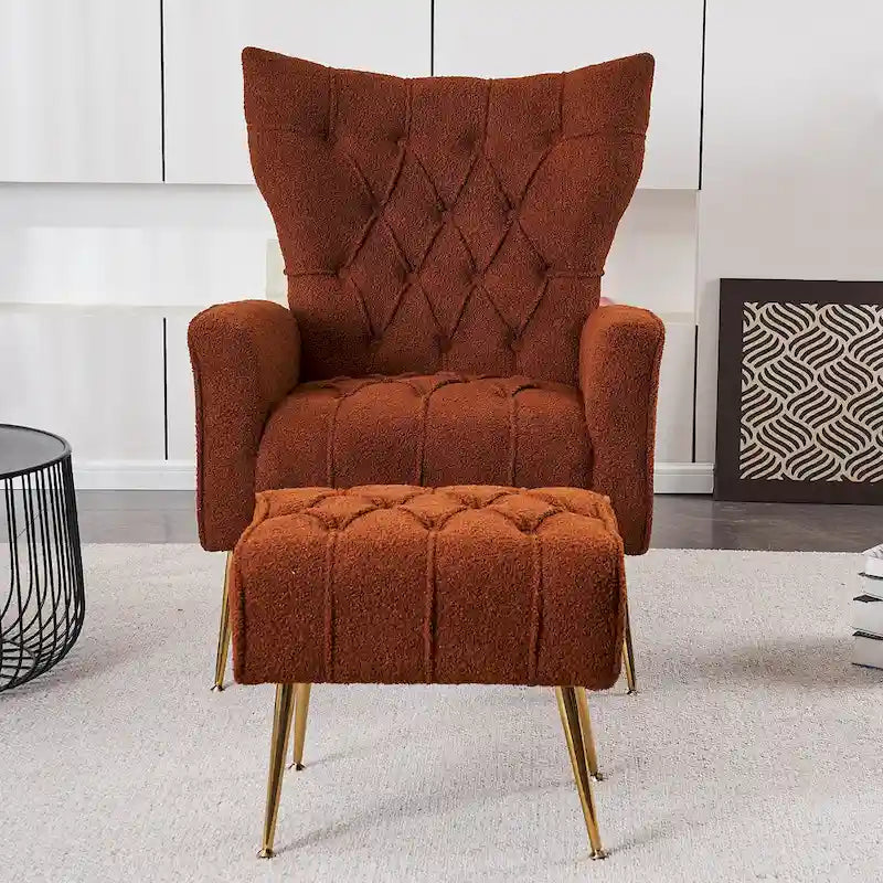 Poltrona a orecchioni imbottita con pouf