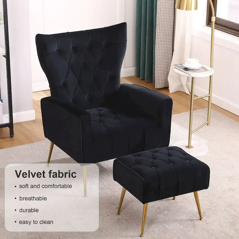 Poltrona a orecchioni imbottita con pouf