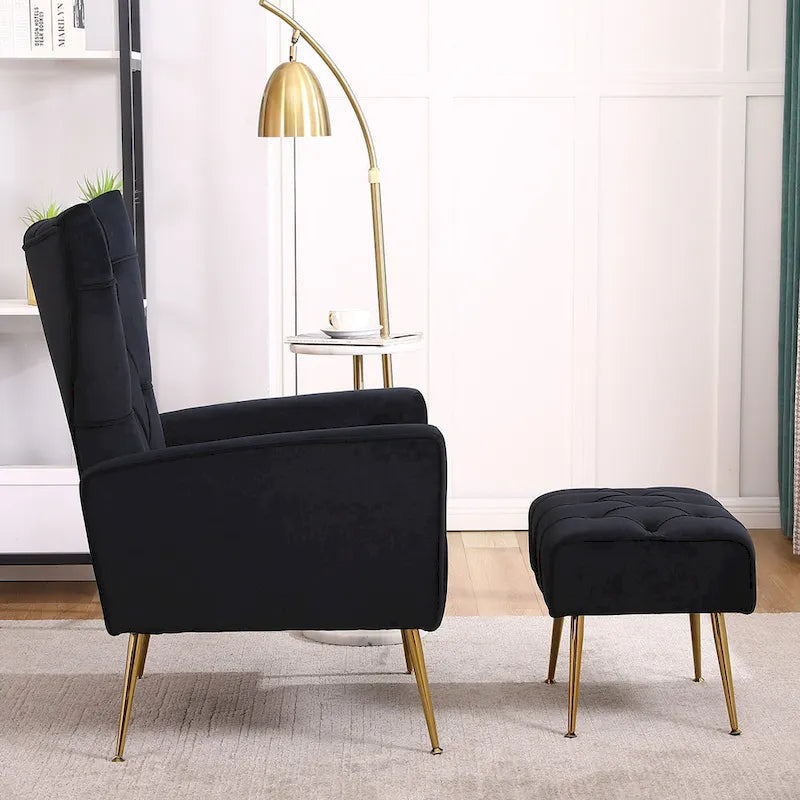 Poltrona a orecchioni imbottita con pouf