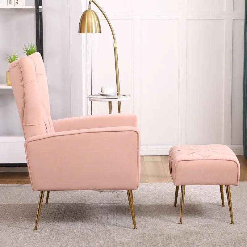 Poltrona a orecchioni imbottita con pouf