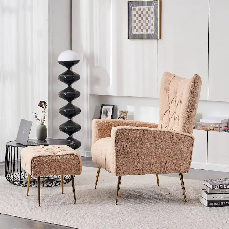 Poltrona a orecchioni imbottita con pouf