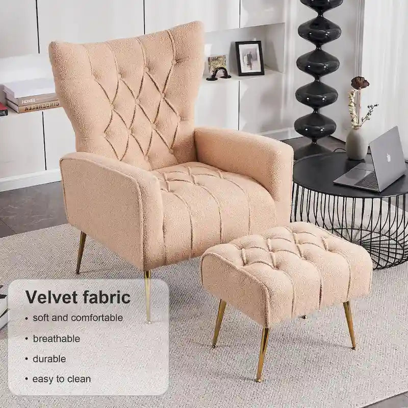 Poltrona a orecchioni imbottita con pouf
