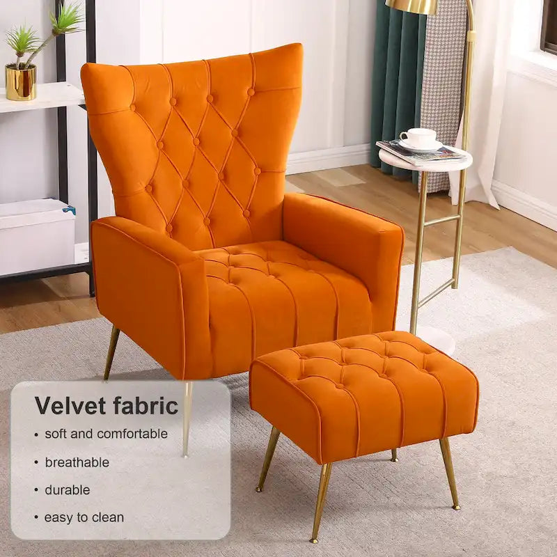Poltrona a orecchioni imbottita con pouf