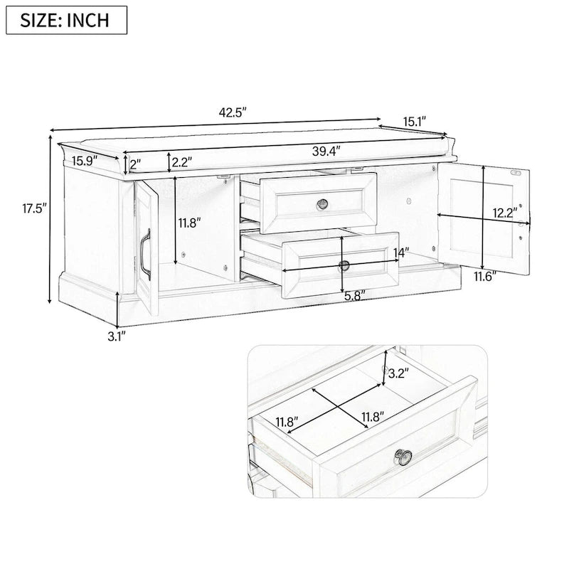 Panca Contenitore con 2 Cassetti, 2 Armadietti e Cuscino Rimovibile - 108L x 40,5P x 44,5A cm