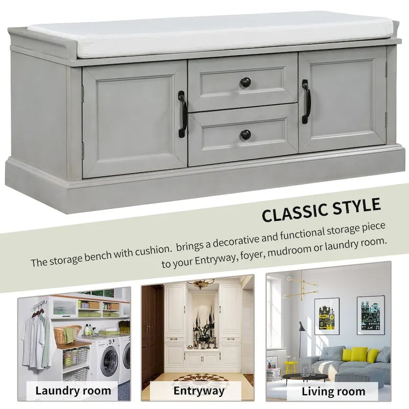Panca Contenitore con 2 Cassetti, 2 Armadietti e Cuscino Rimovibile - 108L x 40,5P x 44,5A cm