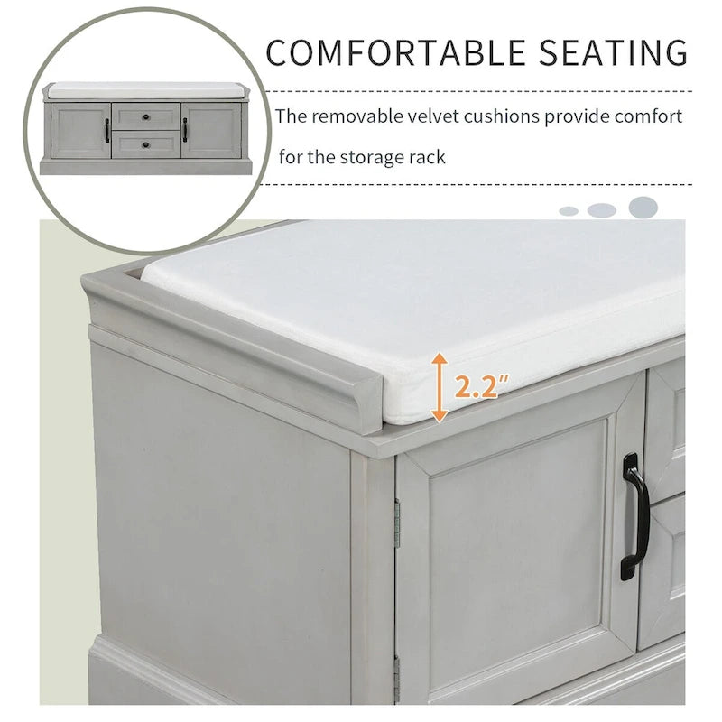 Panca Contenitore con 2 Cassetti, 2 Armadietti e Cuscino Rimovibile - 108L x 40,5P x 44,5A cm