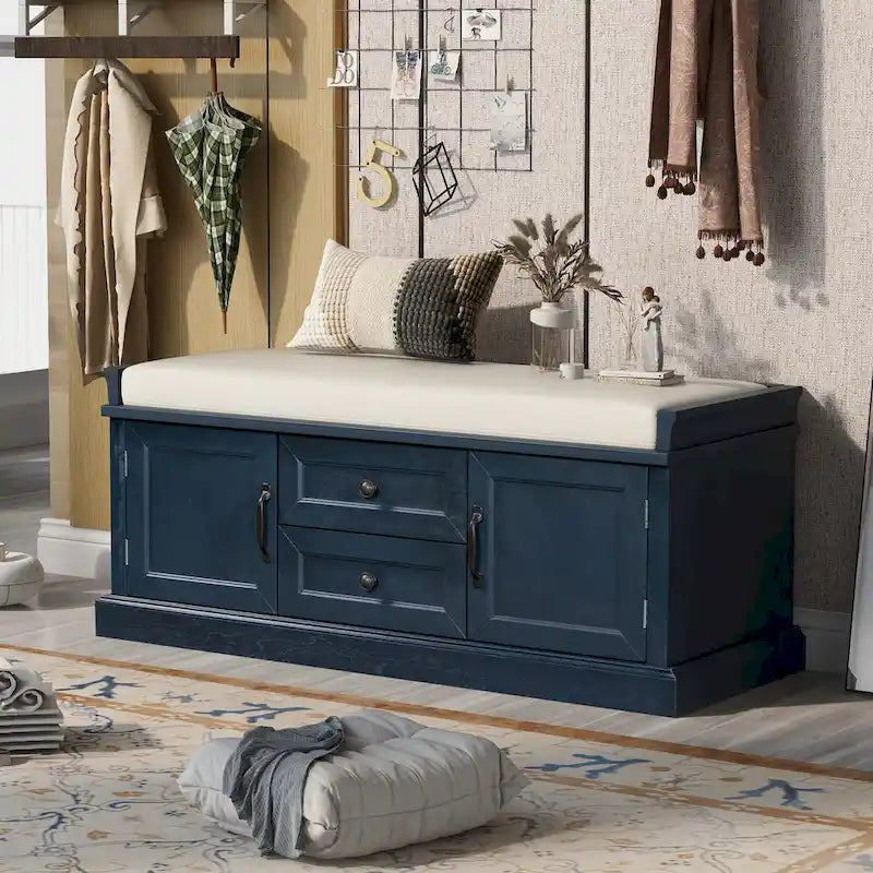 Panca Contenitore con 2 Cassetti, 2 Armadietti e Cuscino Rimovibile - 108L x 40,5P x 44,5A cm
