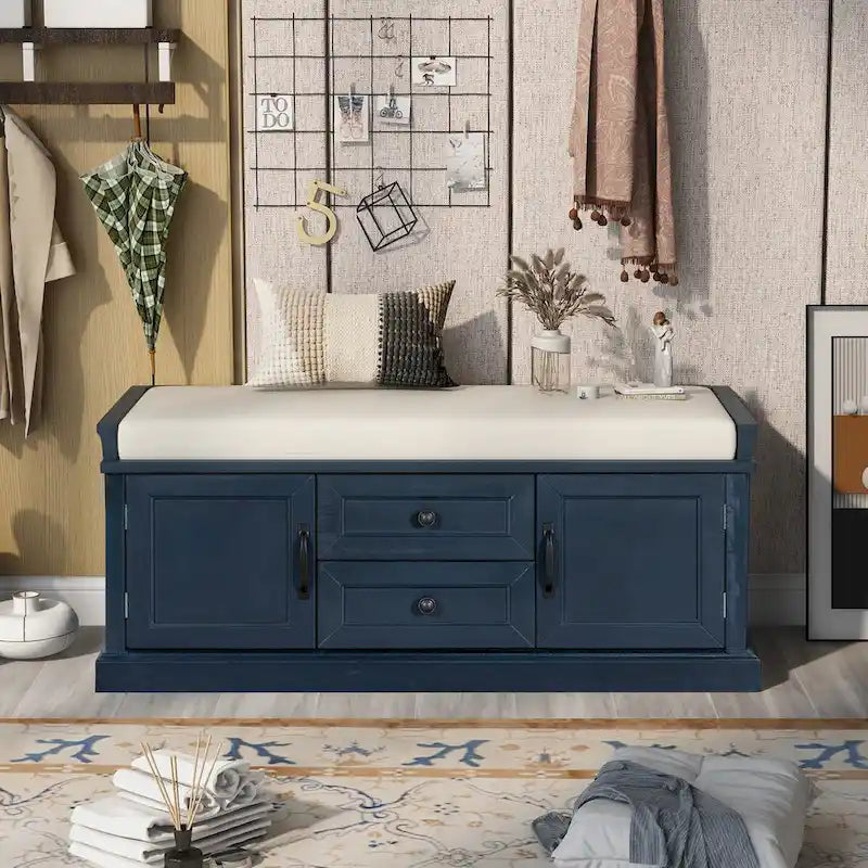 Panca Contenitore con 2 Cassetti, 2 Armadietti e Cuscino Rimovibile - 108L x 40,5P x 44,5A cm