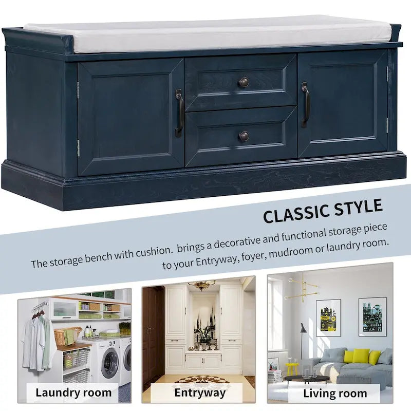 Panca Contenitore con 2 Cassetti, 2 Armadietti e Cuscino Rimovibile - 108L x 40,5P x 44,5A cm