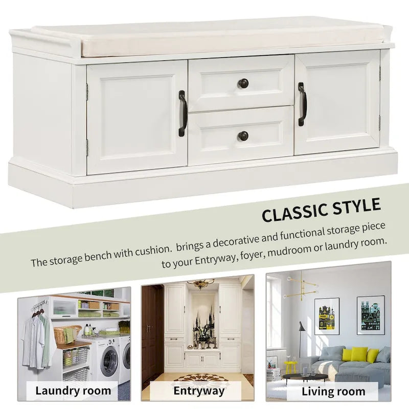 Panca Contenitore con 2 Cassetti, 2 Armadietti e Cuscino Rimovibile - 108L x 40,5P x 44,5A cm