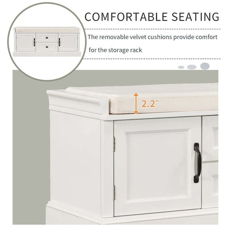 Panca Contenitore con 2 Cassetti, 2 Armadietti e Cuscino Rimovibile - 108L x 40,5P x 44,5A cm