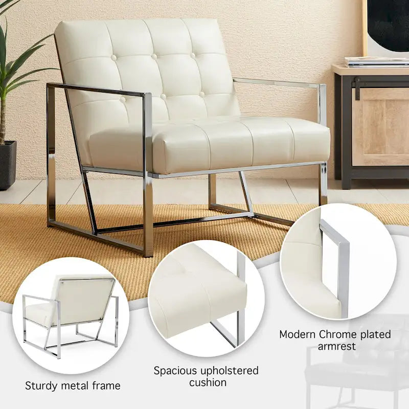 Glitzhome Sedia d'accento trapuntata in similpelle PU crema di metà secolo 30,50H con struttura cromata