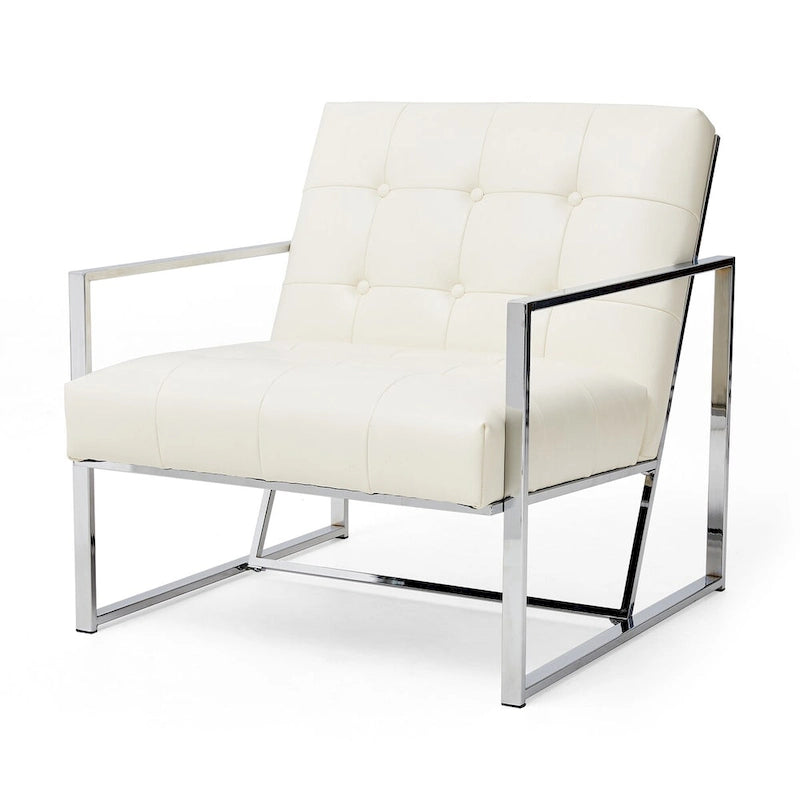 Glitzhome Sedia d'accento trapuntata in similpelle PU crema di metà secolo 30,50H con struttura cromata