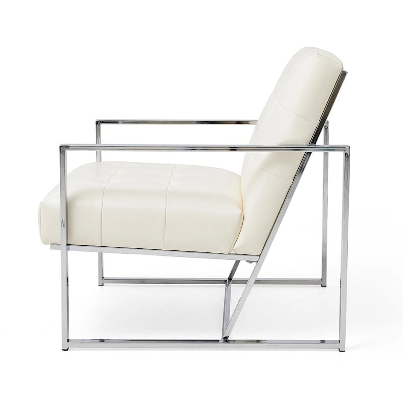 Glitzhome Sedia d'accento trapuntata in similpelle PU crema di metà secolo 30,50H con struttura cromata
