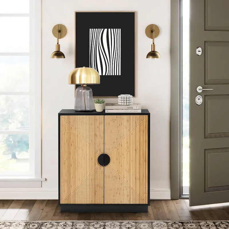 Mobiletto Moderno Boho a 2 Ante Nero con Strisce di Bambù - 86,1 A x 80 L x 39,9 P cm