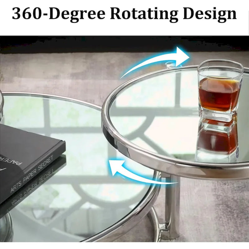 Tavolino da Caffè Rotondo in Vetro a 3 Livelli con Piano Girevole a 360 Gradi