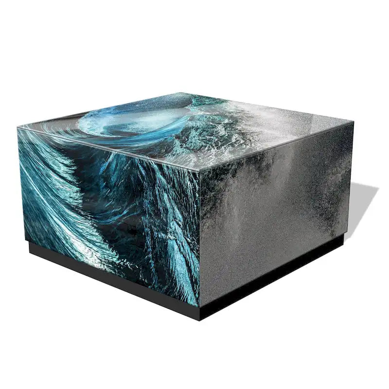 Tavolino da Cocktail in Vetro Artistico Smussato con Stampa Inversa Sapphire Sea e Base a Plinto Nera