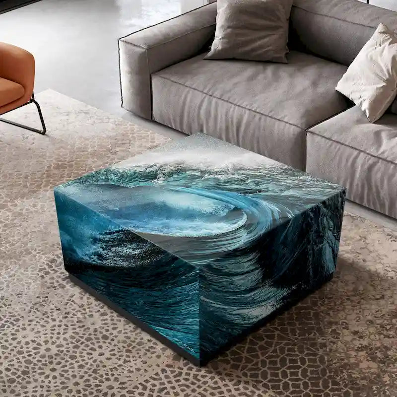 Tavolino da Cocktail in Vetro Artistico Smussato con Stampa Inversa Sapphire Sea e Base a Plinto Nera