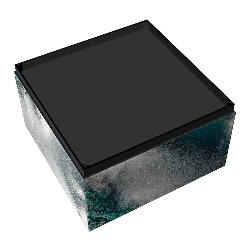 Tavolino da Cocktail in Vetro Artistico Smussato con Stampa Inversa Sapphire Sea e Base a Plinto Nera