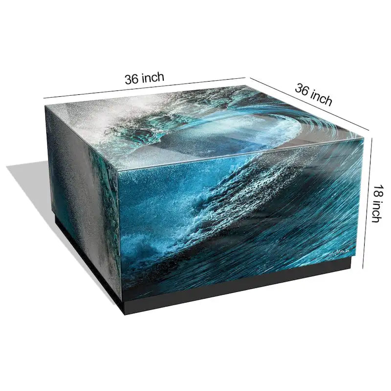 Tavolino da Cocktail in Vetro Artistico Smussato con Stampa Inversa Sapphire Sea e Base a Plinto Nera