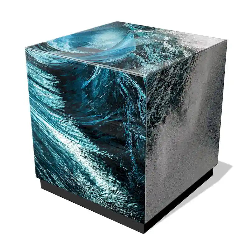 Tavolino da Cocktail in Vetro Artistico Smussato con Stampa Inversa Sapphire Sea e Base a Plinto Nera