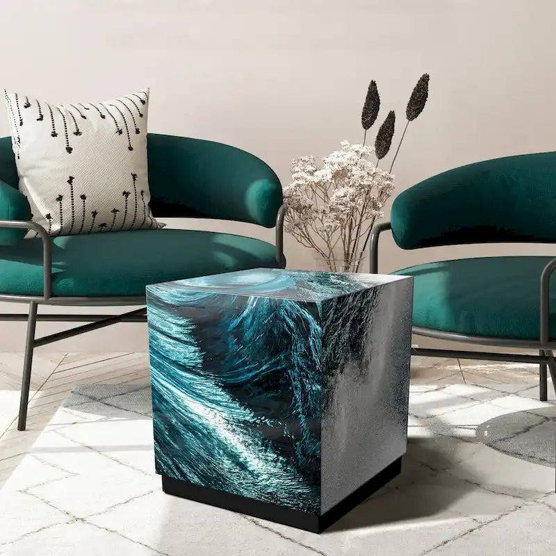 Tavolino da Cocktail in Vetro Artistico Smussato con Stampa Inversa Sapphire Sea e Base a Plinto Nera