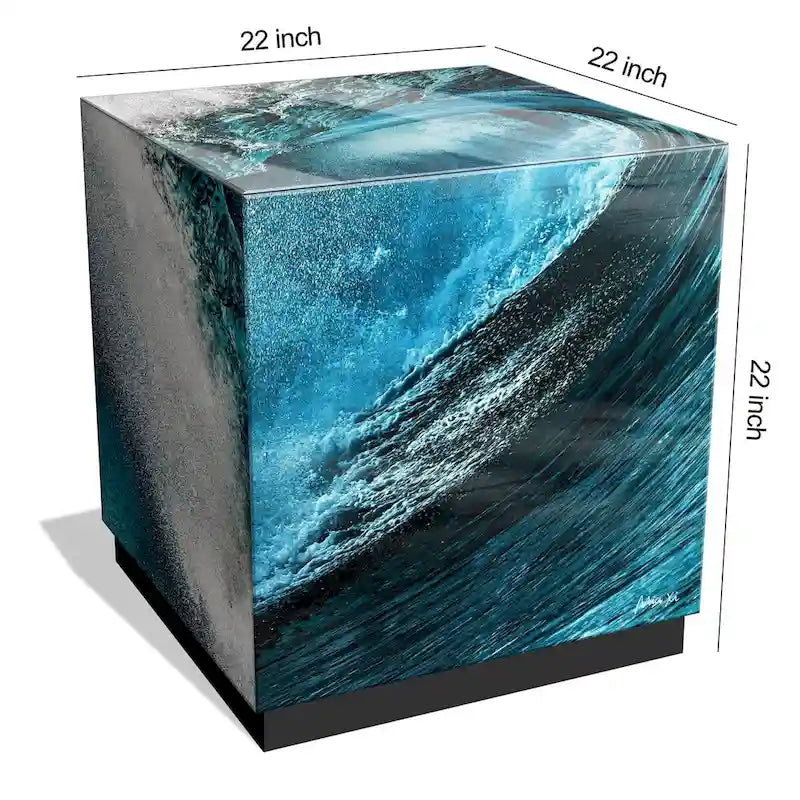 Tavolino da Cocktail in Vetro Artistico Smussato con Stampa Inversa Sapphire Sea e Base a Plinto Nera