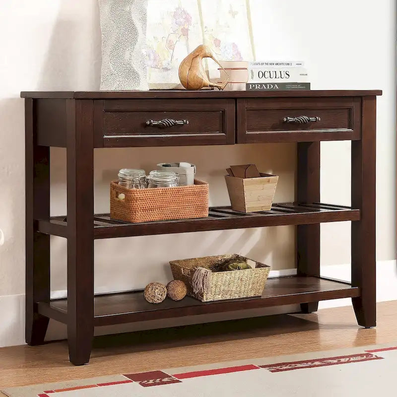 Tavolo da Divano Console con 2 Cassetti e 2 Ripiani, Credenza Madia Laterale in Legno Massello Stile Mid-Century 42