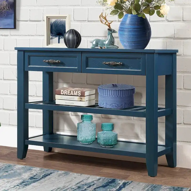 Tavolo da Divano Console con 2 Cassetti e 2 Ripiani, Credenza Madia Laterale in Legno Massello Stile Mid-Century 42
