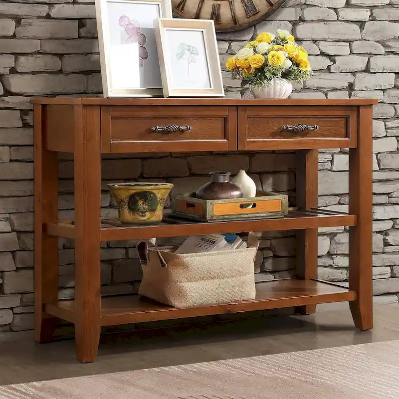 Tavolo da Divano Console con 2 Cassetti e 2 Ripiani, Credenza Madia Laterale in Legno Massello Stile Mid-Century 42