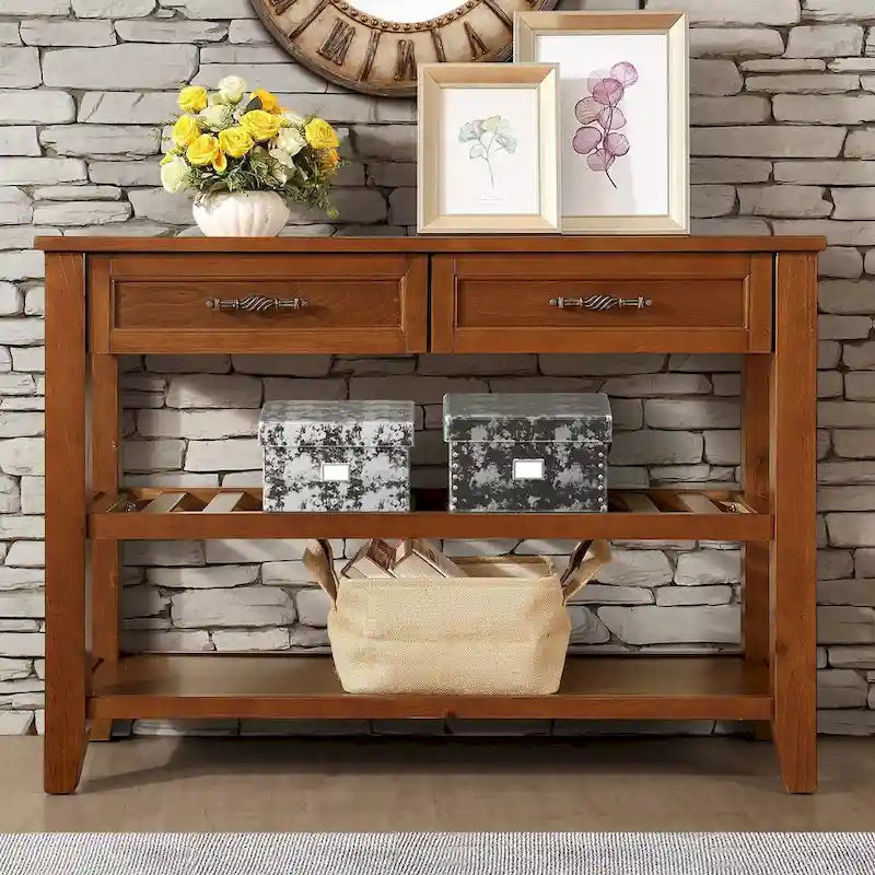 Tavolo da Divano Console con 2 Cassetti e 2 Ripiani, Credenza Madia Laterale in Legno Massello Stile Mid-Century 42