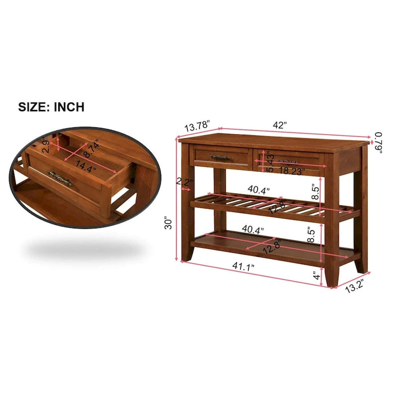 Tavolo da Divano Console con 2 Cassetti e 2 Ripiani, Credenza Madia Laterale in Legno Massello Stile Mid-Century 42