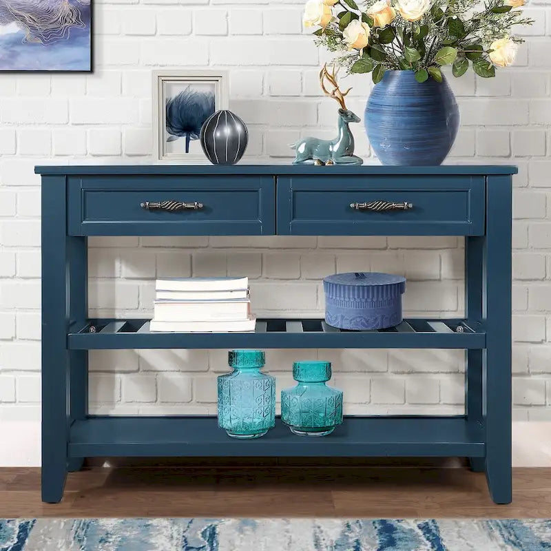 Tavolo da Divano Console con 2 Cassetti e 2 Ripiani, Credenza Madia Laterale in Legno Massello Stile Mid-Century 42