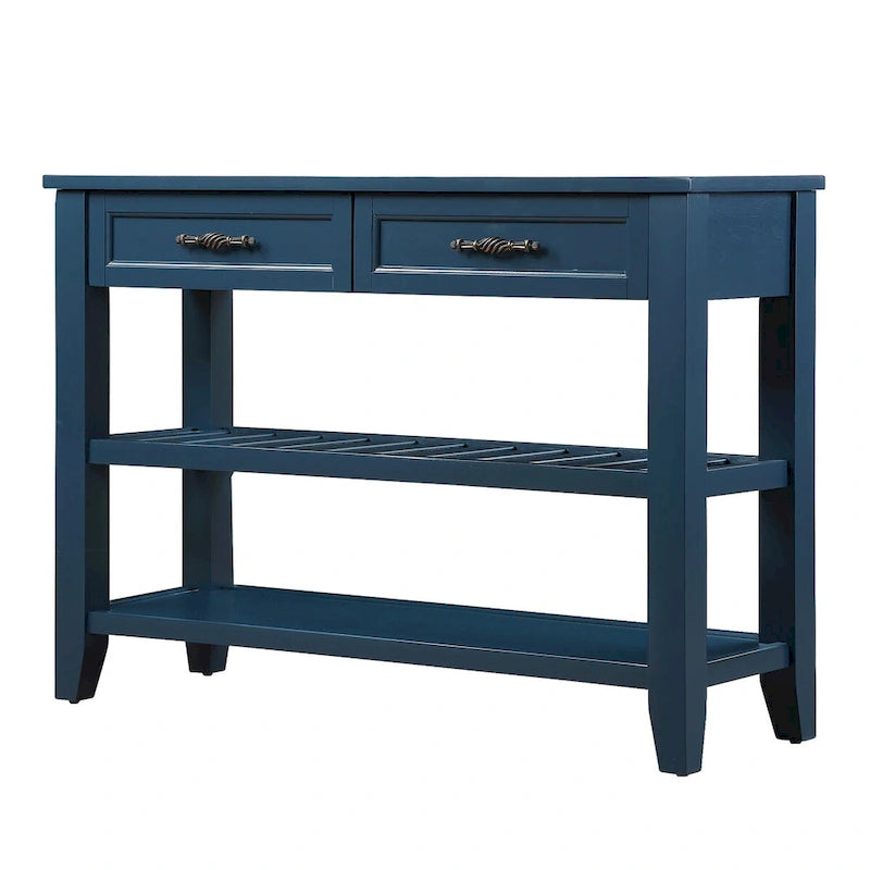 Tavolo da Divano Console con 2 Cassetti e 2 Ripiani, Credenza Madia Laterale in Legno Massello Stile Mid-Century 42