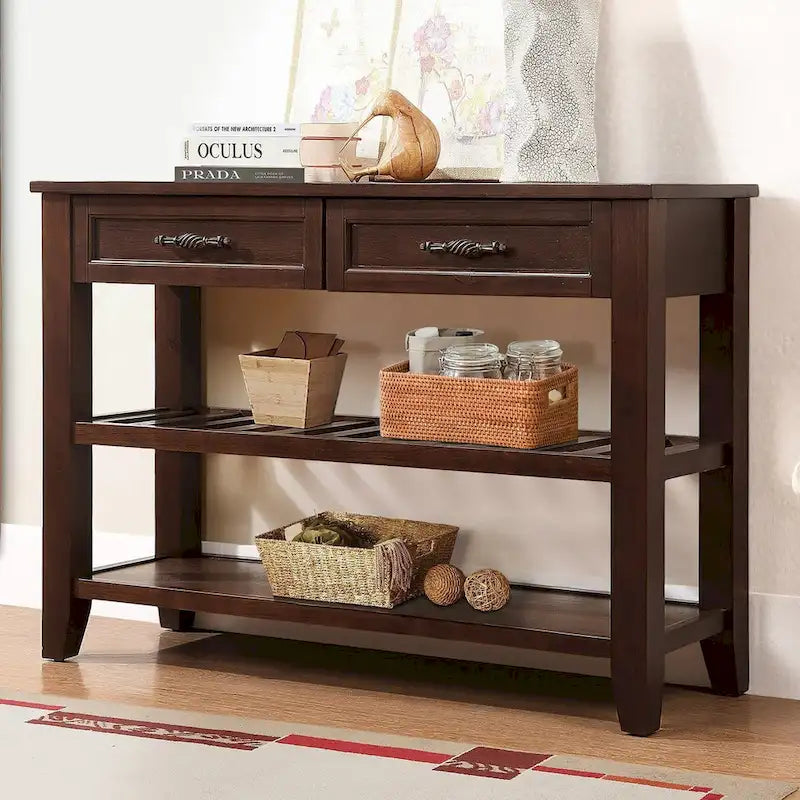 Tavolo da Divano Console con 2 Cassetti e 2 Ripiani, Credenza Madia Laterale in Legno Massello Stile Mid-Century 42