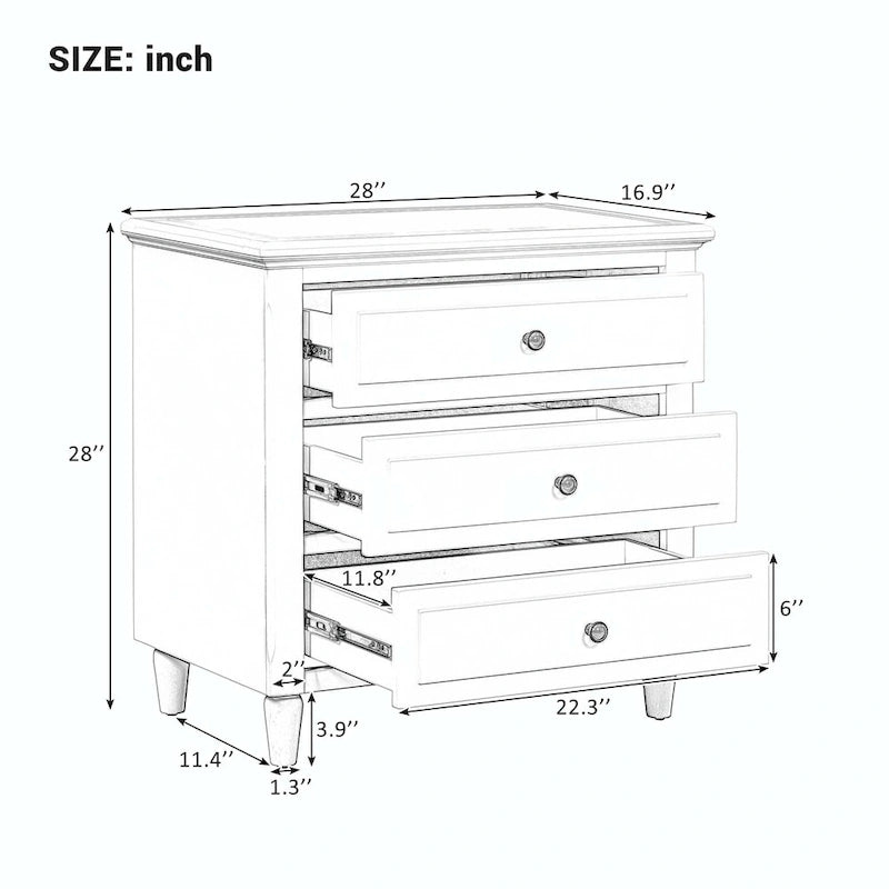 Comodino a 3 cassetti in legno