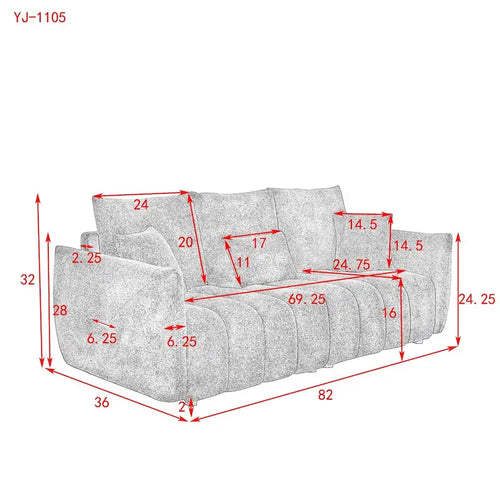 Canapé en tissu Teddy de 208 cm avec 3 coussins de dossier et 3 coussins de siège, cadre en bois massif