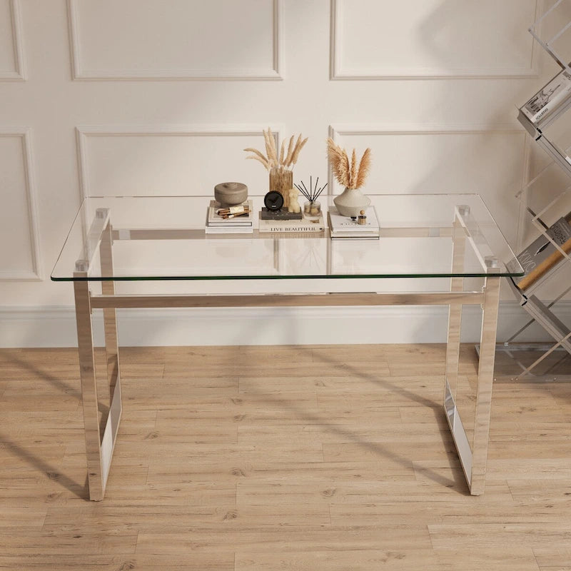 Tavolo da Pranzo Rettangolare in Vetro Moderno Minimalista per 4-6 Persone con Piano in Vetro Temperato da 0.8 cm e Gambe in Metallo Cromato Argento
