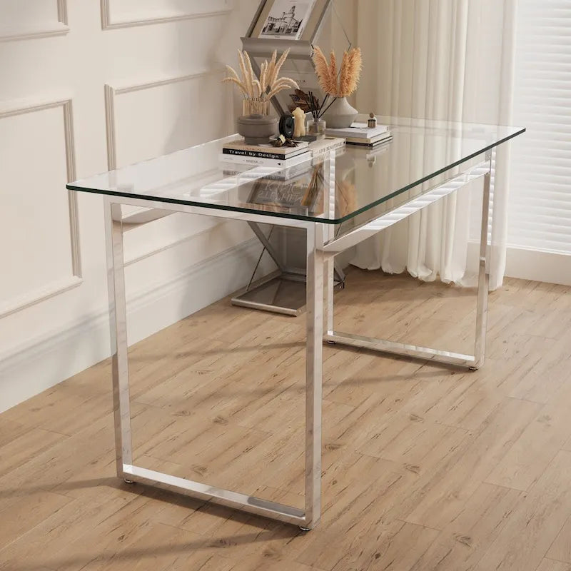Tavolo da Pranzo Rettangolare in Vetro Moderno Minimalista per 4-6 Persone con Piano in Vetro Temperato da 0.8 cm e Gambe in Metallo Cromato Argento