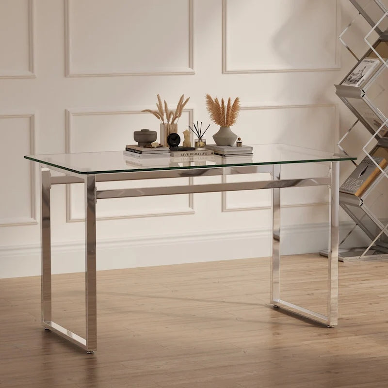 Tavolo da Pranzo Rettangolare in Vetro Moderno Minimalista per 4-6 Persone con Piano in Vetro Temperato da 0.8 cm e Gambe in Metallo Cromato Argento