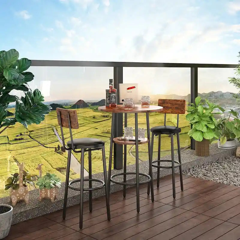 Grondin Industrial Style 3-Piece Round Bistro Pub Table Set with 2 PU Leather Bar Stools and Shelf, Counter Height Bar Table Set