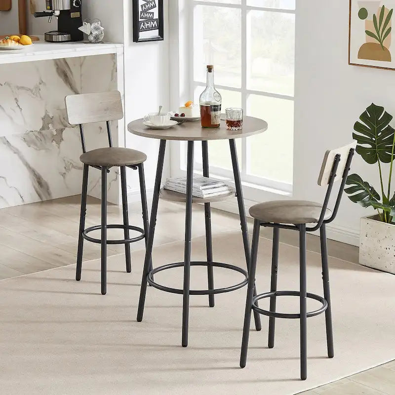 Set tavolo da pub bistrò rotondo Grondin in stile industriale da 3 pezzi con 2 sgabelli da bar in pelle PU e ripiano, set tavolo da bar altezza bancone